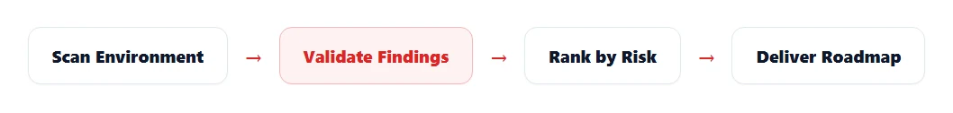 Flow diagram: scan environment, validate findings, rank by risk, deliver roadmap